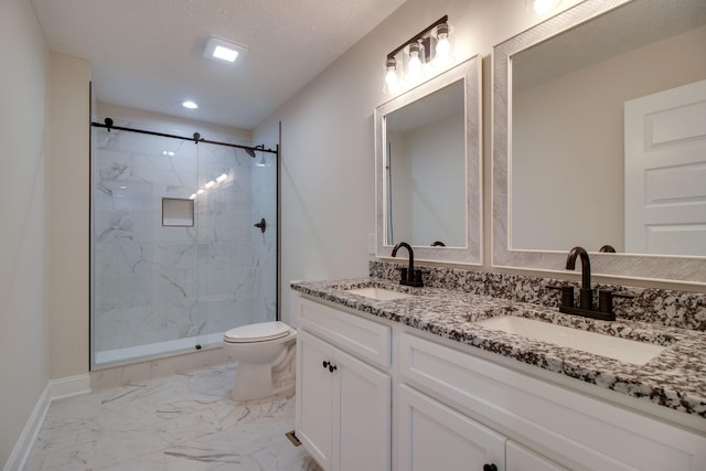 full bathroom with toilet, a marble finish shower, and a sink