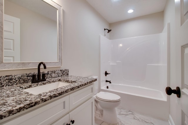 bathroom with vanity, shower / washtub combination, recessed lighting, toilet, and marble finish floor