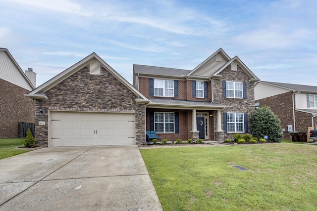 craftsman inspired home featuring stone siding, a garage, brick siding, a front lawn, and driveway