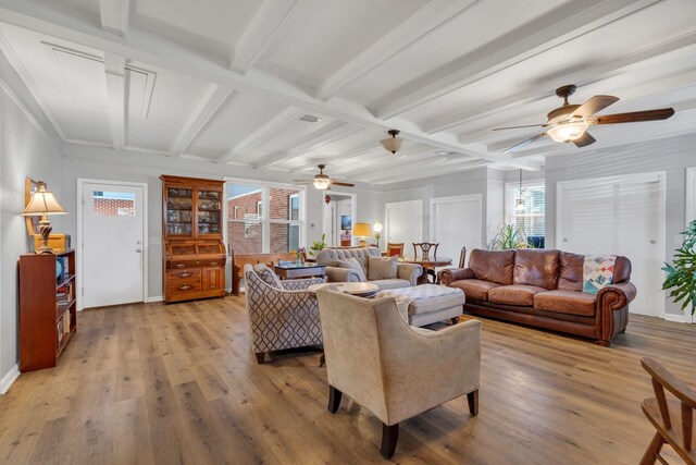 4337 Morriswood Dr, Nashville, TN 37204 - living room with light wood-style floors, a ceiling fan, beamed ceiling, and baseboards
