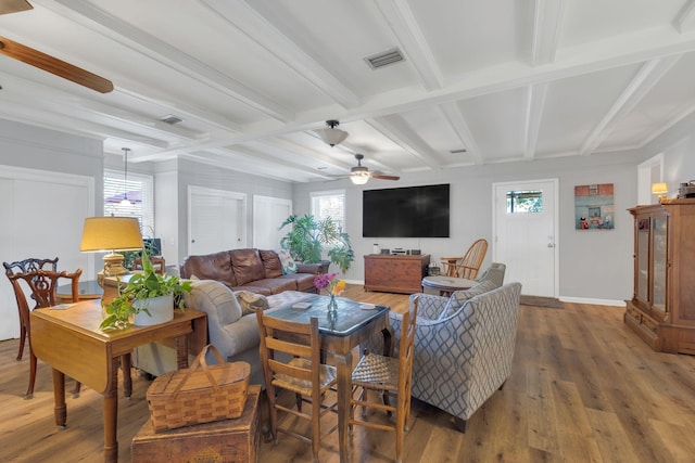 4337 Morriswood Dr, Nashville, TN 37204 - living area featuring a ceiling fan, plenty of natural light, wood finished floors, beamed ceiling, and baseboards