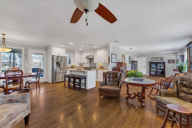 4337 Morriswood Dr, Nashville, TN 37204 - living room featuring dark wood-style floors, a ceiling fan, and recessed lighting