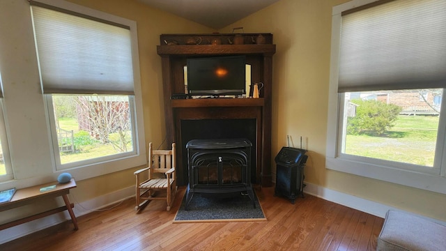 1385 Mitchell St, Celina, TN 38551 - interior space featuring baseboards, wood finished floors, and a wood stove