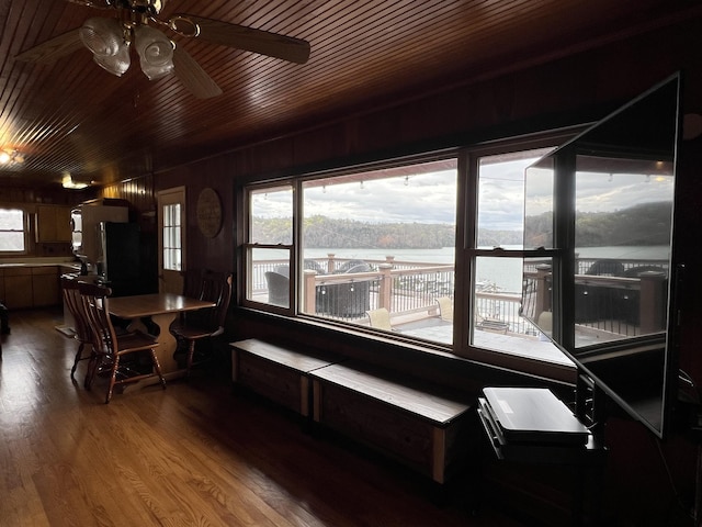 764 Cedar Hill Rd, Celina, TN 38551 - dining room with ceiling fan, a water view, wood ceiling, wood finished floors, and wood walls