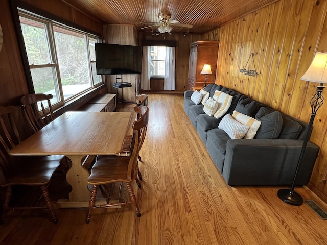 764 Cedar Hill Rd, Celina, TN 38551 - living area featuring ceiling fan, visible vents, wood ceiling, wood finished floors, and wood walls
