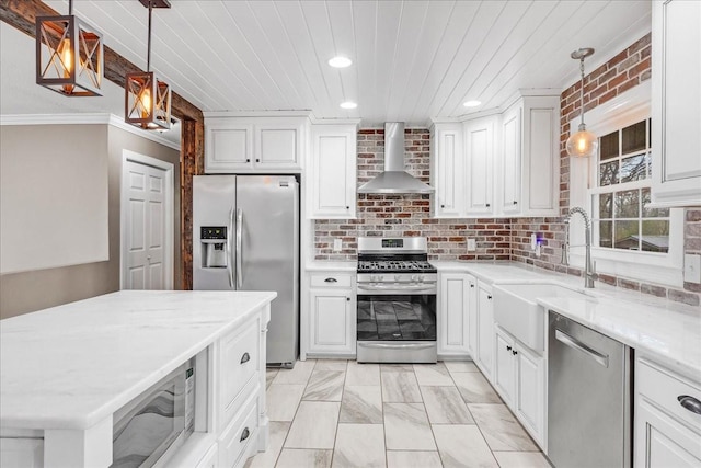kitchen with wood ceiling, white cabinetry, appliances with stainless steel finishes, wall chimney range hood, and decorative backsplash
