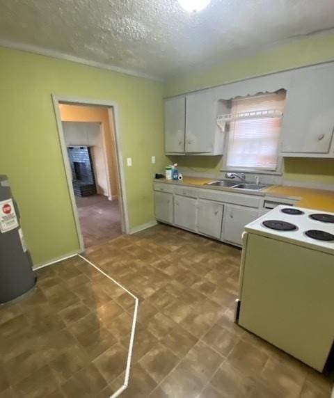 kitchen featuring white cabinetry, water heater, light countertops, white range with electric cooktop, and a sink