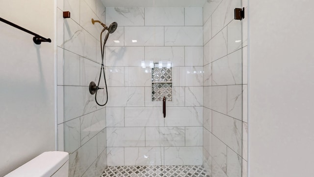 full bathroom with a stall shower and toilet