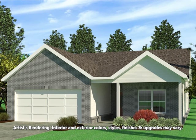 ranch-style house featuring driveway, brick siding, a garage, and roof with shingles
