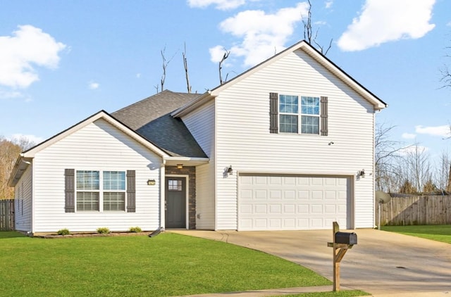1676 Putnum Dr, Clarksville, TN 37042 - traditional-style home with fence, a front lawn, concrete driveway, an attached garage, and a shingled roof