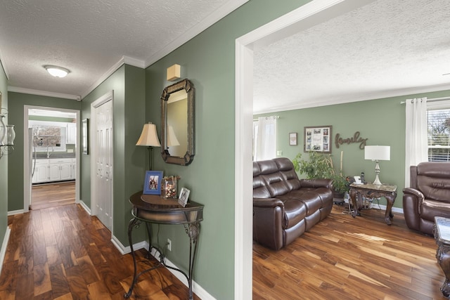 hall featuring a textured ceiling, baseboards, ornamental molding, wood finished floors, and a sink