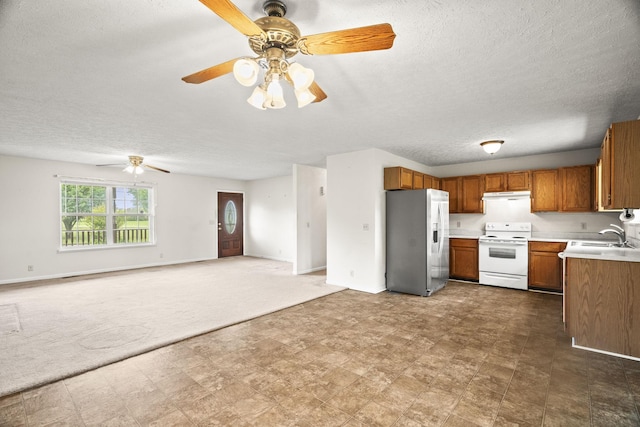 117 Rolling Meadows Ave, Portland, TN 37148 - kitchen featuring stainless steel fridge with ice dispenser, white electric stove, ceiling fan, open floor plan, and a textured ceiling