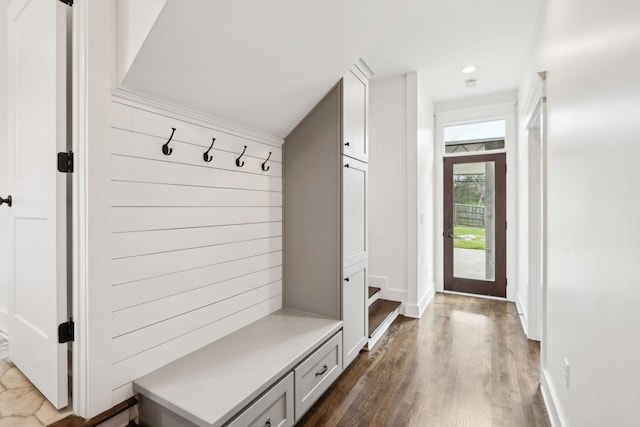 mudroom featuring baseboards, recessed lighting, and dark wood finished floors