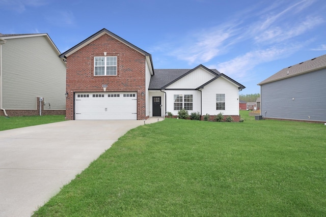 traditional-style home featuring brick siding, concrete driveway, an attached garage, and a front lawn