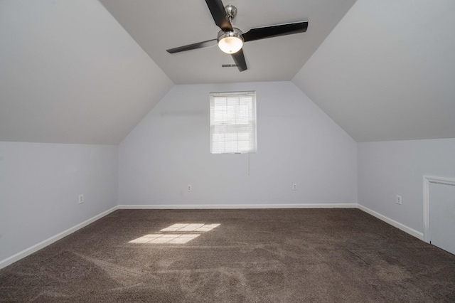 bonus room with a ceiling fan, carpet floors, baseboards, and visible vents