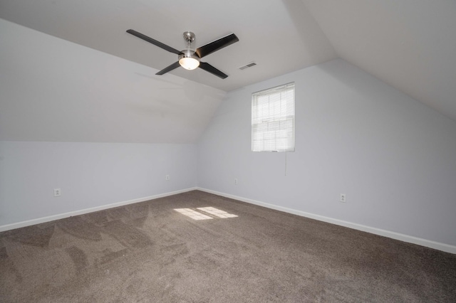 bonus room featuring carpet flooring, baseboards, ceiling fan, and visible vents
