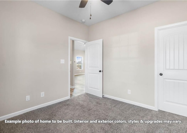 unfurnished room featuring baseboards, ceiling fan, and carpet