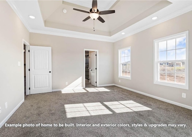 unfurnished bedroom with baseboards, carpet flooring, and a raised ceiling