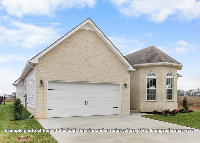 view of front of house with an attached garage, brick siding, a front lawn, roof with shingles, and driveway