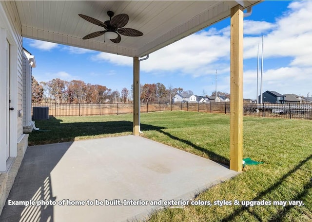 view of patio with a fenced backyard, central AC unit, and ceiling fan