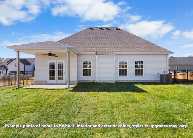 back of house featuring a patio, ceiling fan, central AC, and a yard
