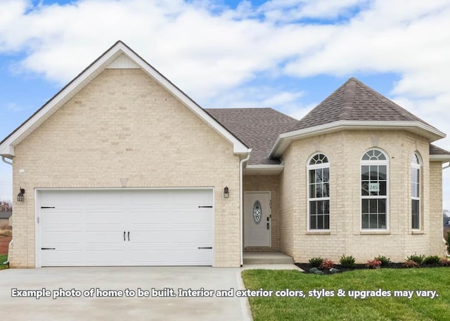 single story home featuring brick siding, concrete driveway, a garage, and roof with shingles