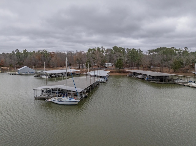 view of dock with a water view and a wooded view