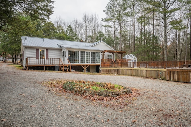 rear view of property featuring curved driveway, a sunroom, metal roof, and a wooden deck