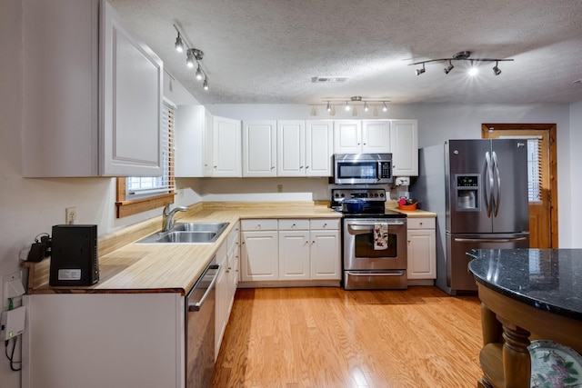 kitchen with white cabinetry, a sink, light wood finished floors, visible vents, and appliances with stainless steel finishes