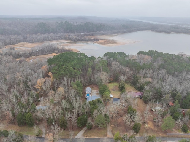 aerial view with a water view and a forest view