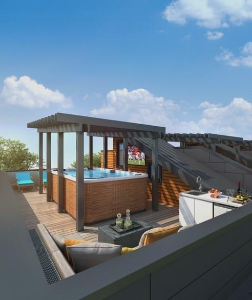 view of patio featuring a wooden deck and an outdoor hot tub