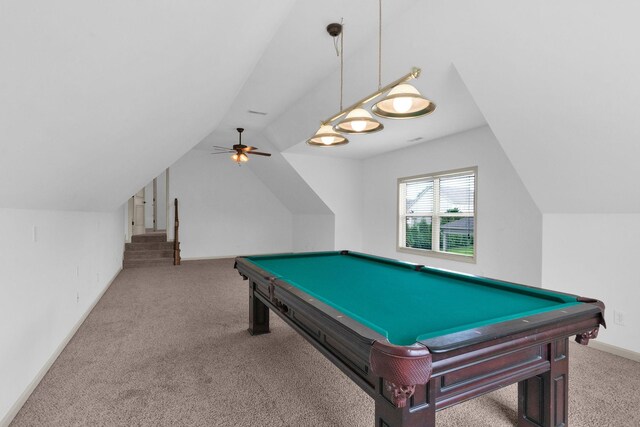 2726 Wynthrope Hall Dr, Murfreesboro, TN 37129 - playroom featuring carpet floors, vaulted ceiling, billiards table, baseboards, and a ceiling fan