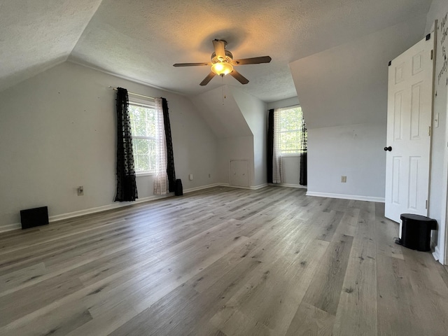 additional living space featuring a textured ceiling, ceiling fan, lofted ceiling, and a healthy amount of sunlight