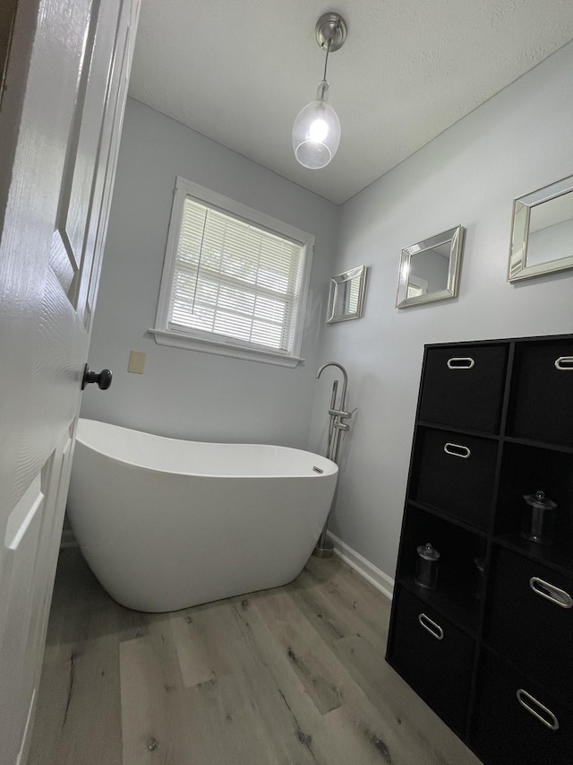 bathroom featuring baseboards, a freestanding bath, and wood finished floors