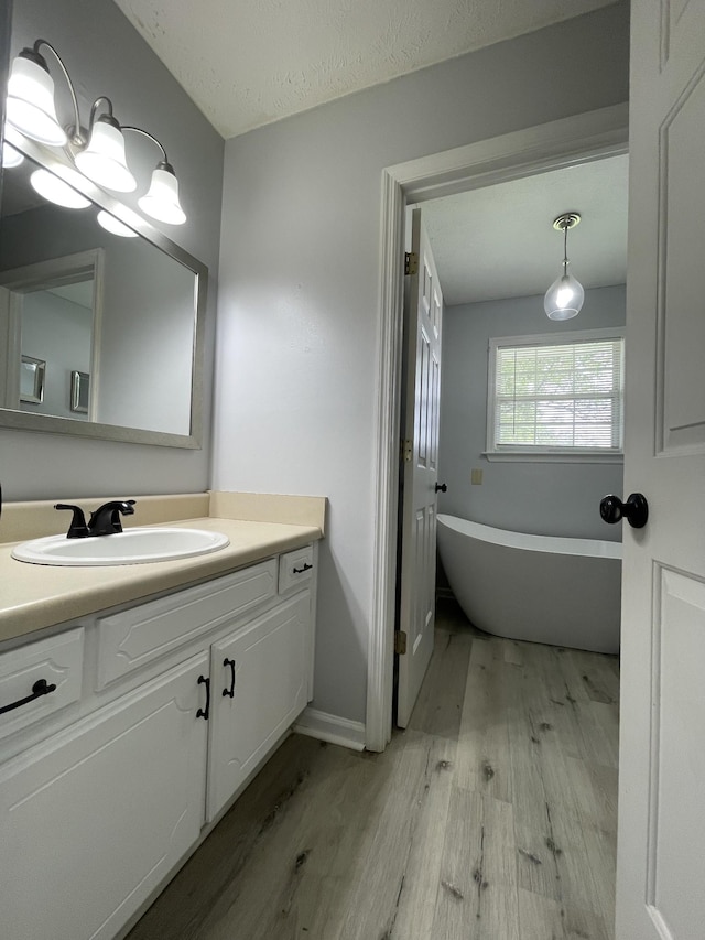 full bathroom with vanity, baseboards, a freestanding tub, and wood finished floors