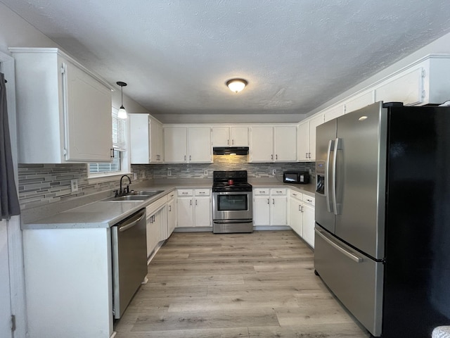 kitchen with a sink, light countertops, extractor fan, stainless steel appliances, and tasteful backsplash