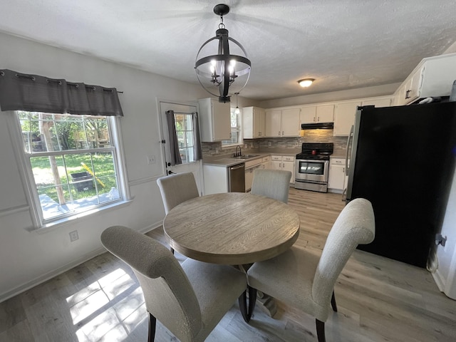 dining space with baseboards and light wood-type flooring