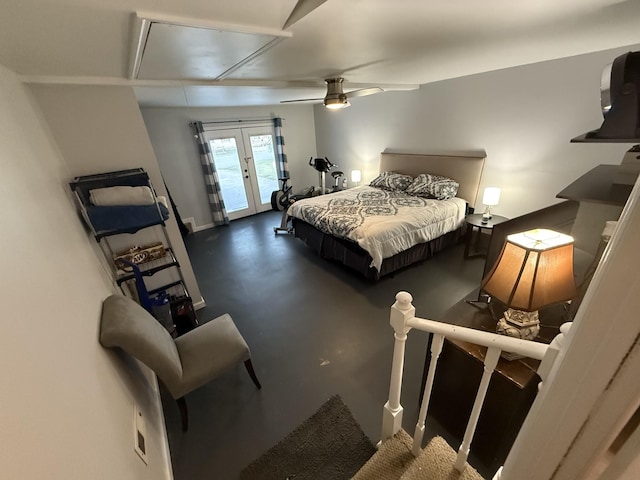 bedroom with access to outside, french doors, and ceiling fan