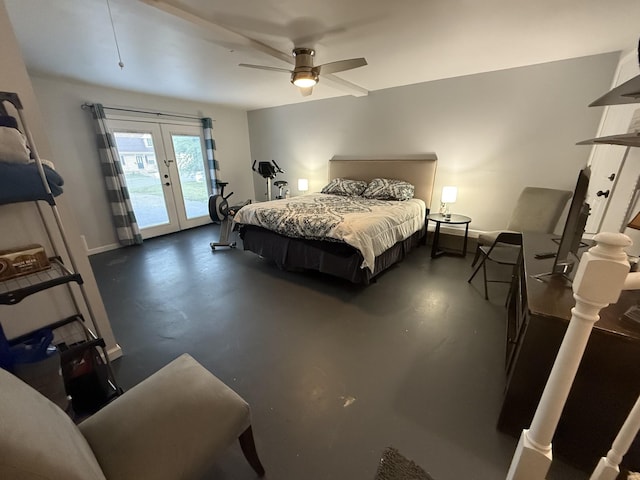 bedroom with concrete floors, ceiling fan, access to exterior, and french doors