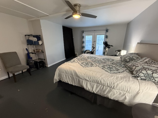 bedroom with french doors, a ceiling fan, baseboards, and access to exterior