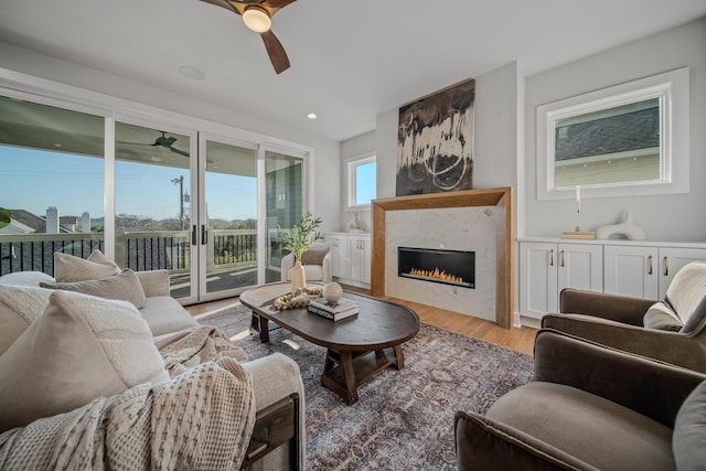 1405 Ashwood Ave, Nashville, TN 37212 - living room with light wood-type flooring, ceiling fan, a fireplace, and recessed lighting