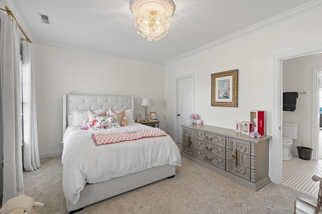 4 Colonel Winstead Dr, Brentwood, TN 37027 - carpeted bedroom featuring visible vents, ensuite bath, crown molding, baseboards, and a notable chandelier
