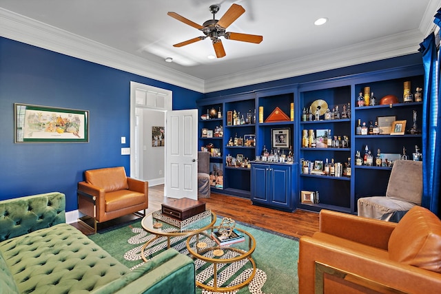 4 Colonel Winstead Dr, Brentwood, TN 37027 - sitting room featuring dark wood finished floors, recessed lighting, a bar, a ceiling fan, and ornamental molding