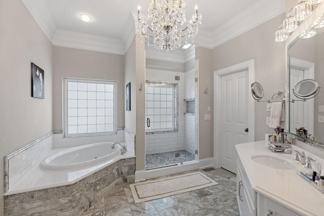 4 Colonel Winstead Dr, Brentwood, TN 37027 - bathroom with crown molding, a stall shower, a bath, vanity, and a notable chandelier