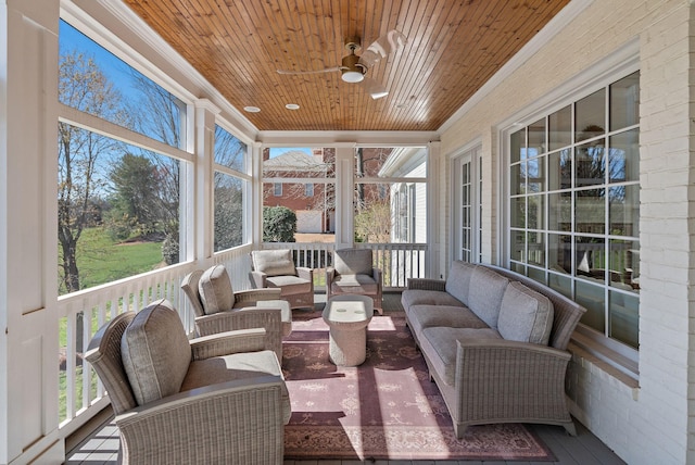4 Colonel Winstead Dr, Brentwood, TN 37027 - sunroom / solarium featuring wooden ceiling, an outdoor hangout area, ceiling fan, and plenty of natural light