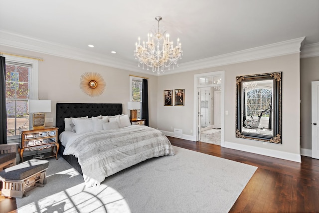 4 Colonel Winstead Dr, Brentwood, TN 37027 - bedroom featuring dark wood-type flooring, multiple windows, ornamental molding, and an inviting chandelier