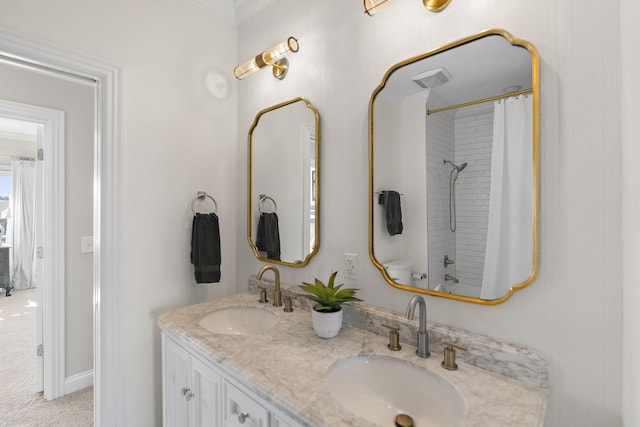 4 Colonel Winstead Dr, Brentwood, TN 37027 - bathroom with ornamental molding, curtained shower, a sink, and double vanity