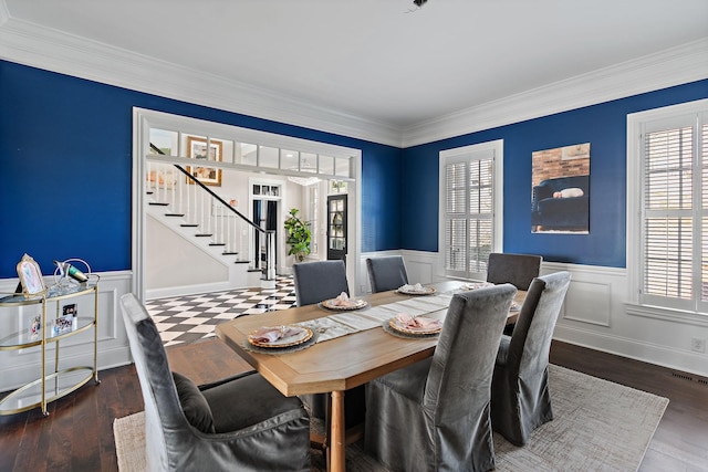 4 Colonel Winstead Dr, Brentwood, TN 37027 - dining room with wood finished floors, stairs, ornamental molding, and wainscoting