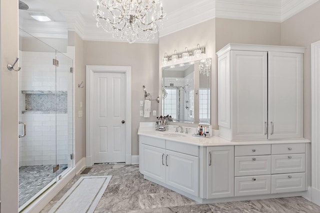 4 Colonel Winstead Dr, Brentwood, TN 37027 - bathroom featuring a shower stall, vanity, ornamental molding, and an inviting chandelier