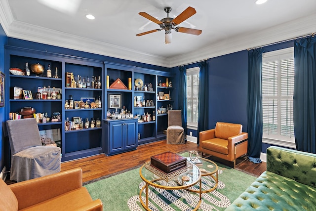 4 Colonel Winstead Dr, Brentwood, TN 37027 - living area with ceiling fan, crown molding, a dry bar, and wood finished floors